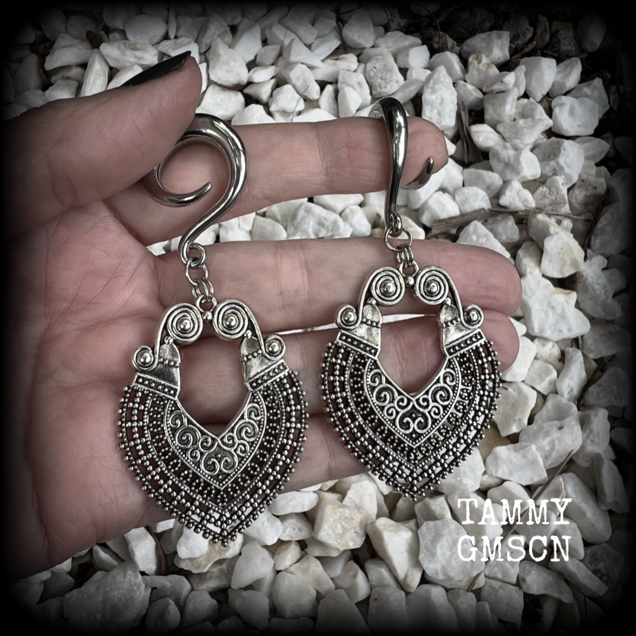 These beautiful ornate gauged earrings are inspired by Aphrodite, the Greek Goddess of love and beauty, weighing approx 14 grams a piece and measuring just over 8cms from tip to tip.

This pair have been made with 2 gauge (6mm) surgical steel full curl hooks, to be worn in stretched lobes.