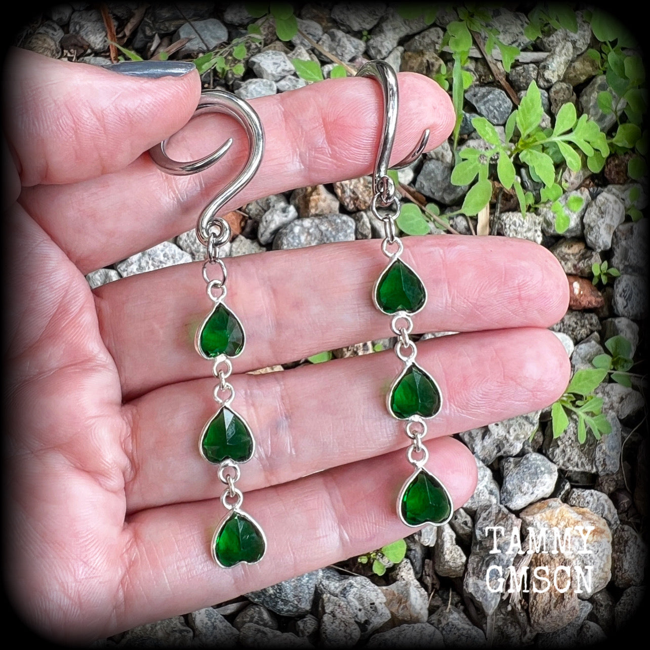 Emerald green gemstone gauged earrings-Boho earrings