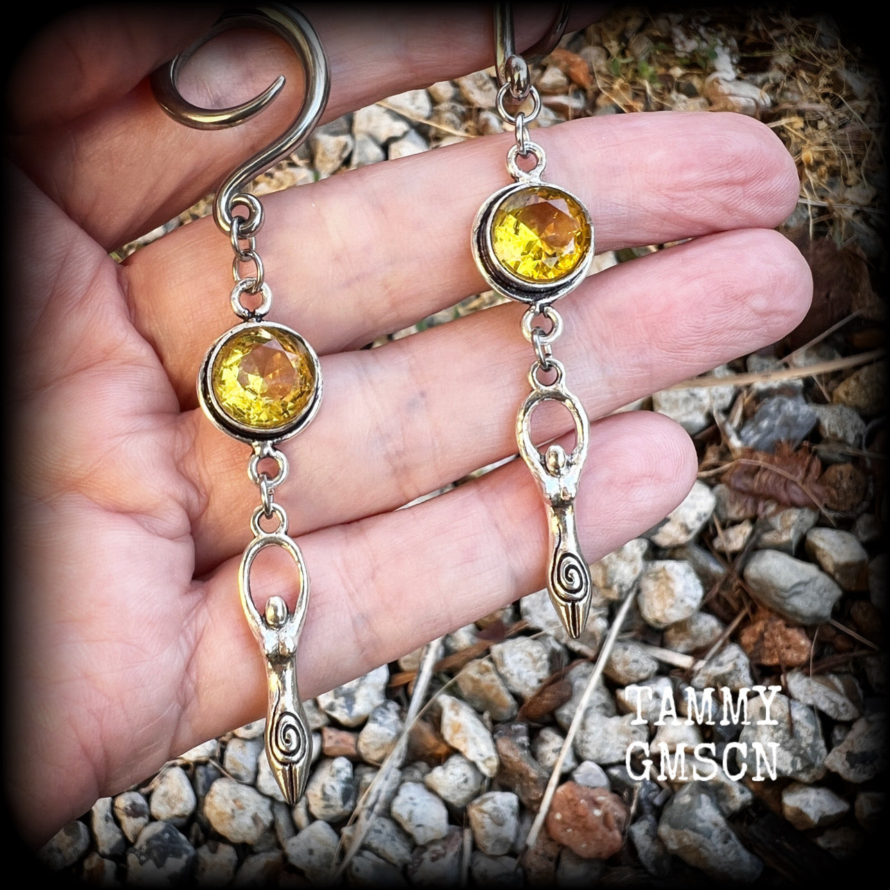 Citrine gemstone earrings 6 gauge ear weights Spiral goddess gauged earrings Body jewelry 2g 0g 00g 1/2” 9/16” 5/8” 3/4" 7/8" 1” 1.10” 1.18” Stretched ears Stretched lobes Gauged ears Gemstone ear weights Occult earrings Wicca jewellery Pagan jewelry