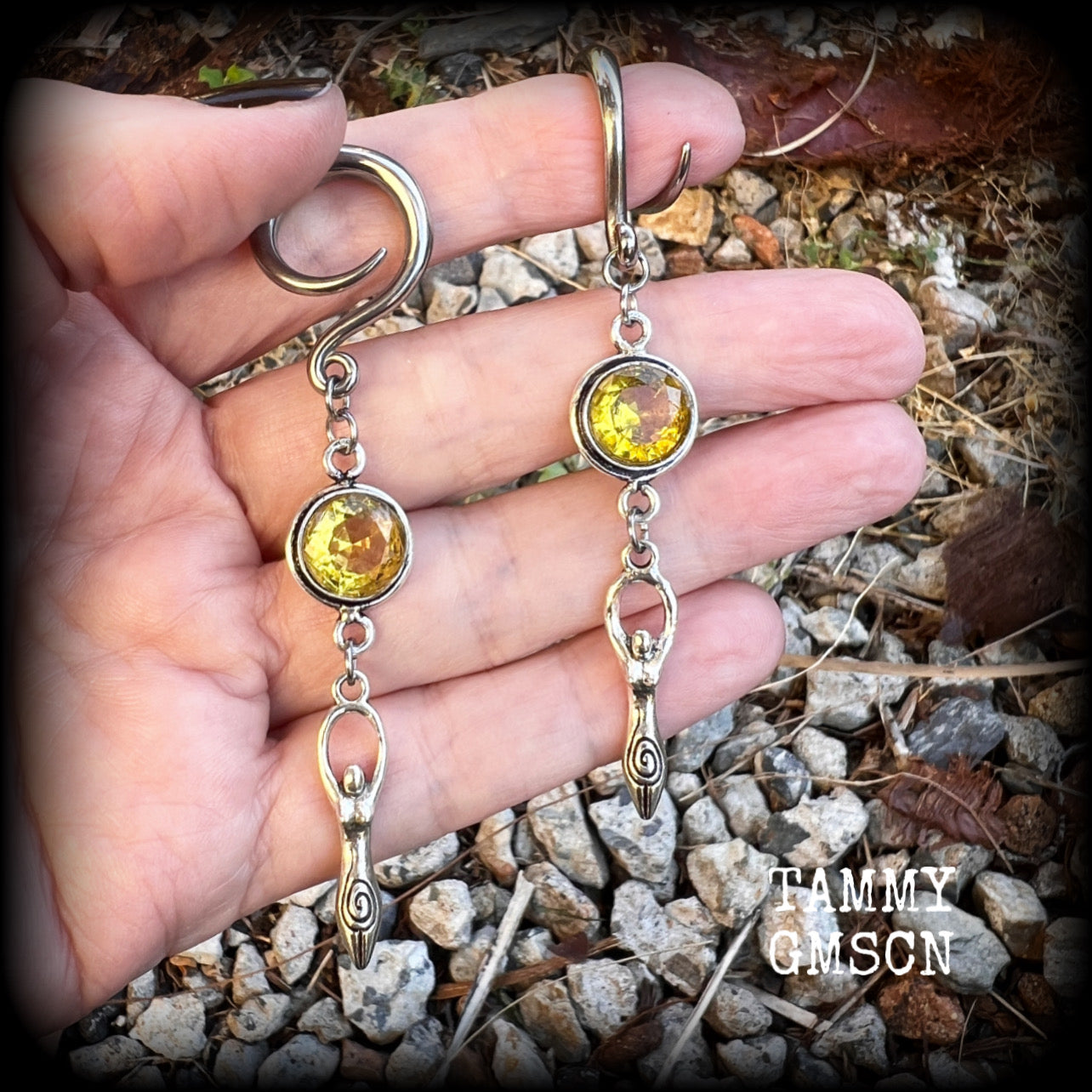 Citrine gemstone earrings 6 gauge ear weights Spiral goddess gauged earrings Body jewelry 2g 0g 00g 1/2” 9/16” 5/8” 3/4" 7/8" 1” 1.10” 1.18” Stretched ears Stretched lobes Gauged ears Gemstone ear weights Occult earrings Wicca jewellery Pagan jewelry