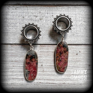 Gemstone tunnel earrings Rhodochrosite earrings 12mm tunnel dangles  Gauged earrings  Body jewelry 2g 0g 00g 1/2" 9/16" 5/8" 7/8" 3/4" 1" 1.10" 1.18" Earrings for stretched ears Gauged ears Stretched lobes