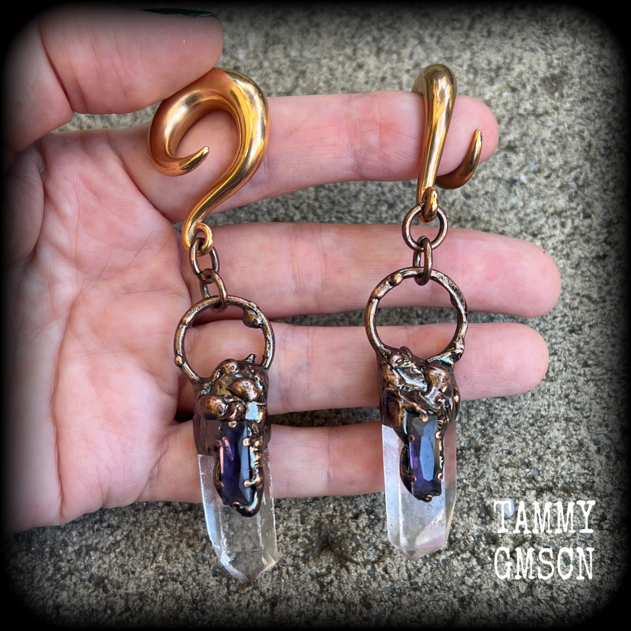 Quartz and amethyst gauged earrings-Gemstone ear weights