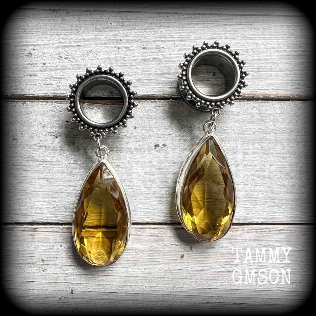 Ornate gemstone teardrop tunnels-Citrine earrings