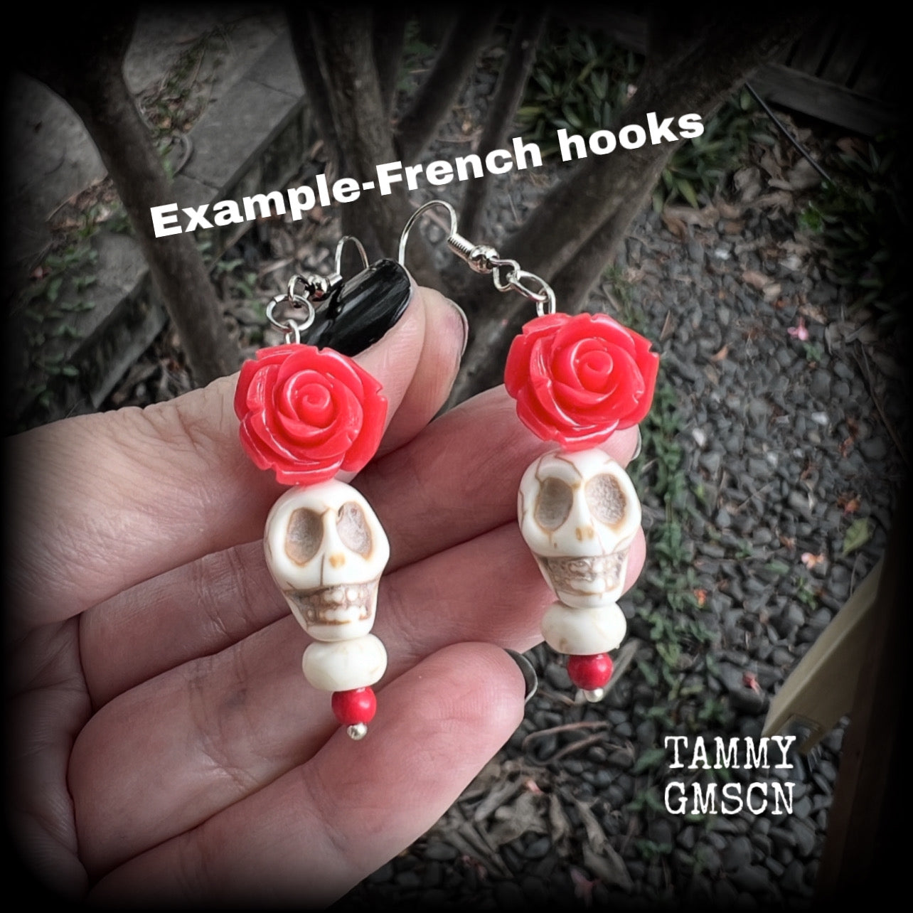 Day of the dead Rose and skull earrings-Los Muertos ear hangers