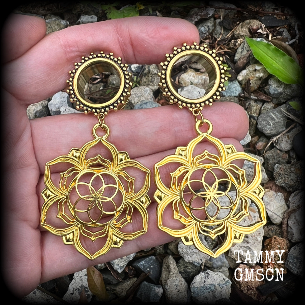 Flower of life earrings Tunnel dangles Tunnel earrings Gauged earrings Ear gauges Geometric earrings Esoteric earrings 16mm tunnels