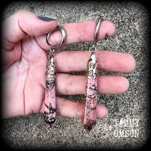 Rhodonite earrings Rhodonite jewelry Gemstone gauged earrings Gemstone ear weights 6 gauge ear weights Ear hangers Ear gauges Tunnel earrings Tunnel dangles Body jewelry Stretched ears Lobes 4mm 6mm 8mm 10mm 12mm 14mm 16mm 19mm 22mm 25mm 28mm 30mm 