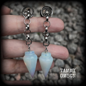 These gorgeous opalite earrings have been made with transluscent gemstone pendulums, are nice and dangly measuring in at just on 7.5cms from tip to tip and not too heavy at 11 grams a piece.

🔥🔥🔥 This listing is for a chunky chain/lobster clasp combination suitable for 00 gauge and larger. If you choose a smaller size of tunnel than 00 gauge we will make these on a smaller chain.

💥This listing includes one pair of surgical steel single flared O-ring earlets