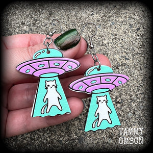 These adorable pastel purple 'UFO cat abduction' earrings measure just over 6cms from tip to tip, and weigh only a few grams each.
This pair has been made on stainless steel french hooks, suitable for pierced ears.