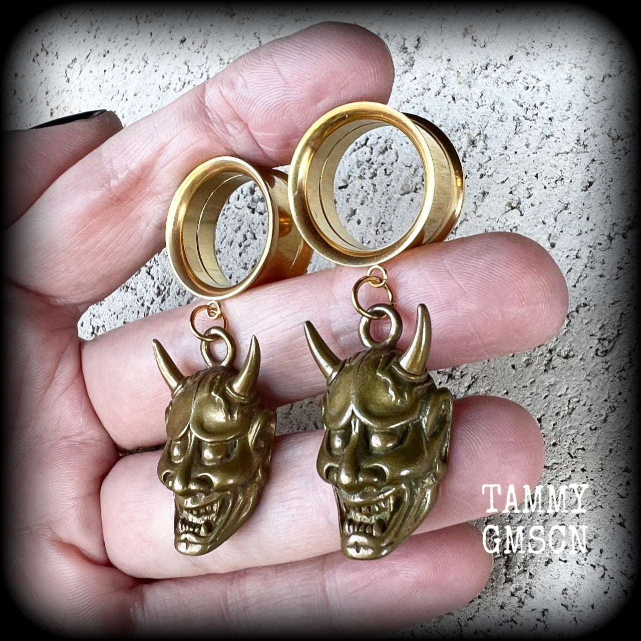 Brass hannya tunnel earrings-Japanese earrings