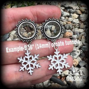 Snowflake earrings Snowflake tunnel earrings Snowflake gauged earrings Snowflake ear gauges Snowflake ear hangers Snowflake ear weights Christmas earrings Christmas tunnel earrings Christmas gauged earrings Christmas ear hangers Yuletide Winter