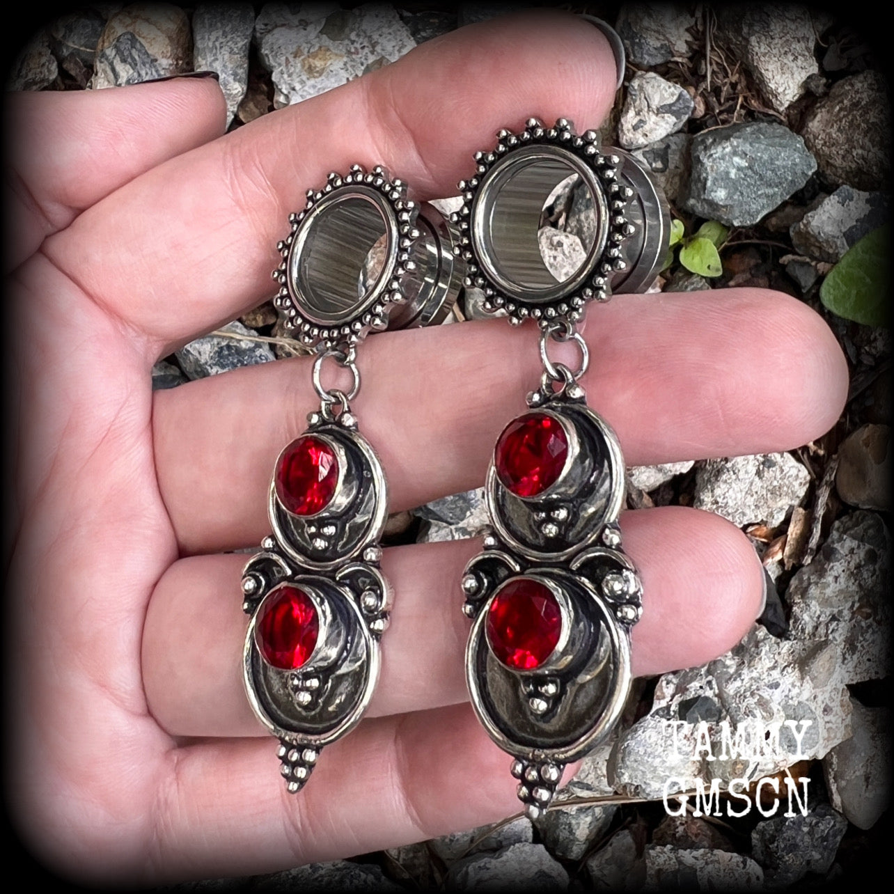 Ornate Garnet gemstone tunnel dangles