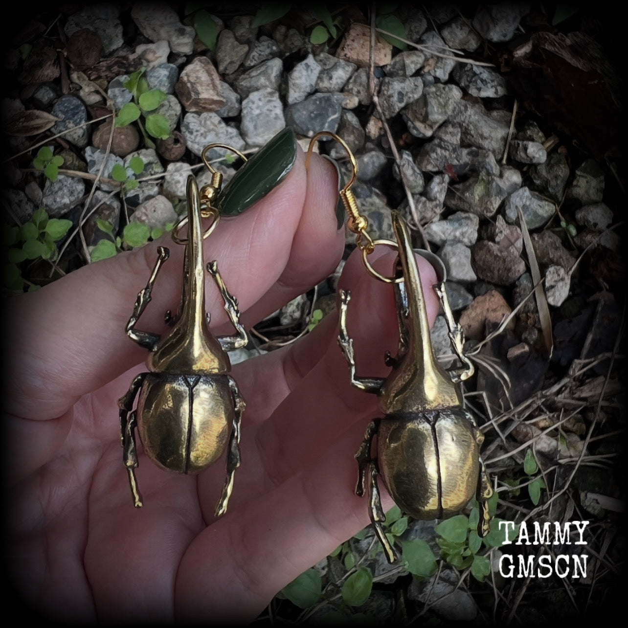 These gorgeous brass Hercules beetle earrings are big and beautiful! Weighing approx 19 grams each, this pair measures 7cms from tip to tip.

This pair has been made on antique gold french hooks, suitable for pierced ears.