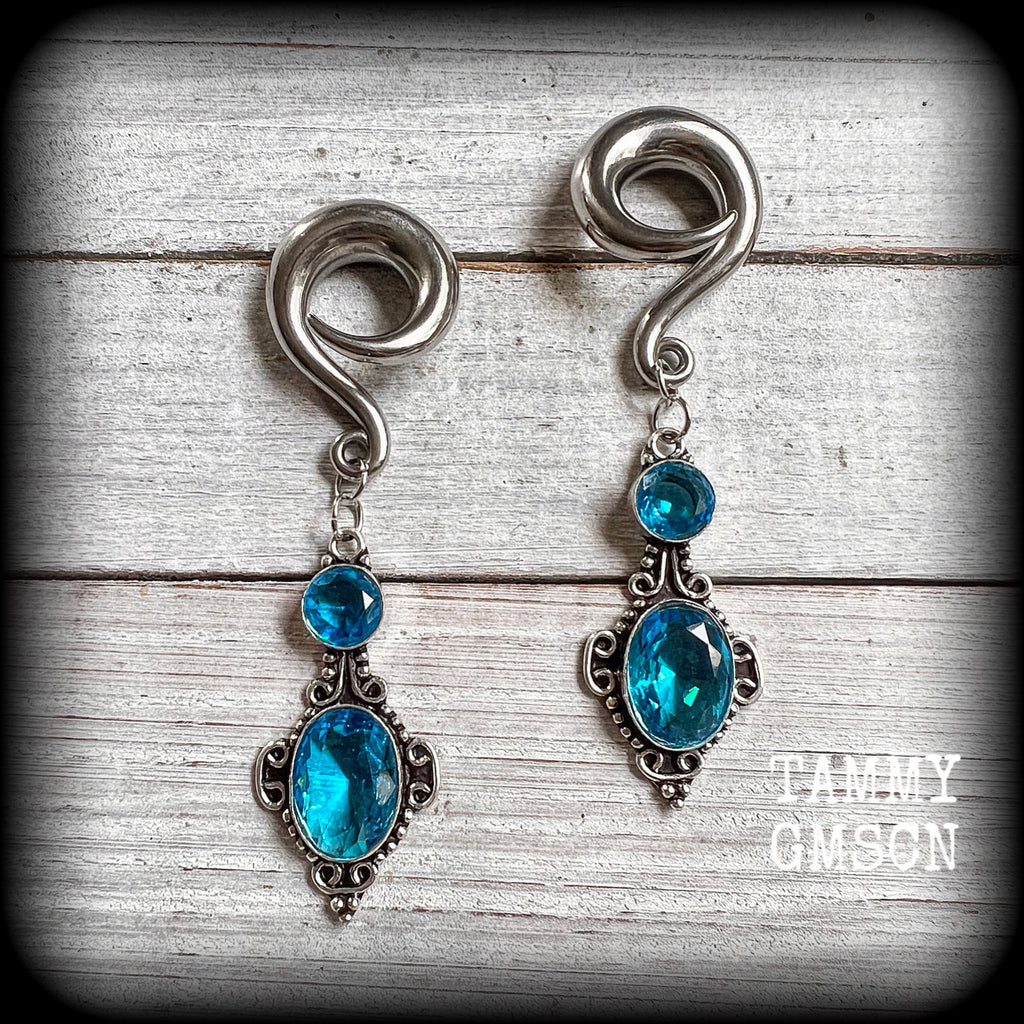 Blue topaz ear hangers Gemstone ear weights Gauged earrings Ear jewelry Stretched lobes