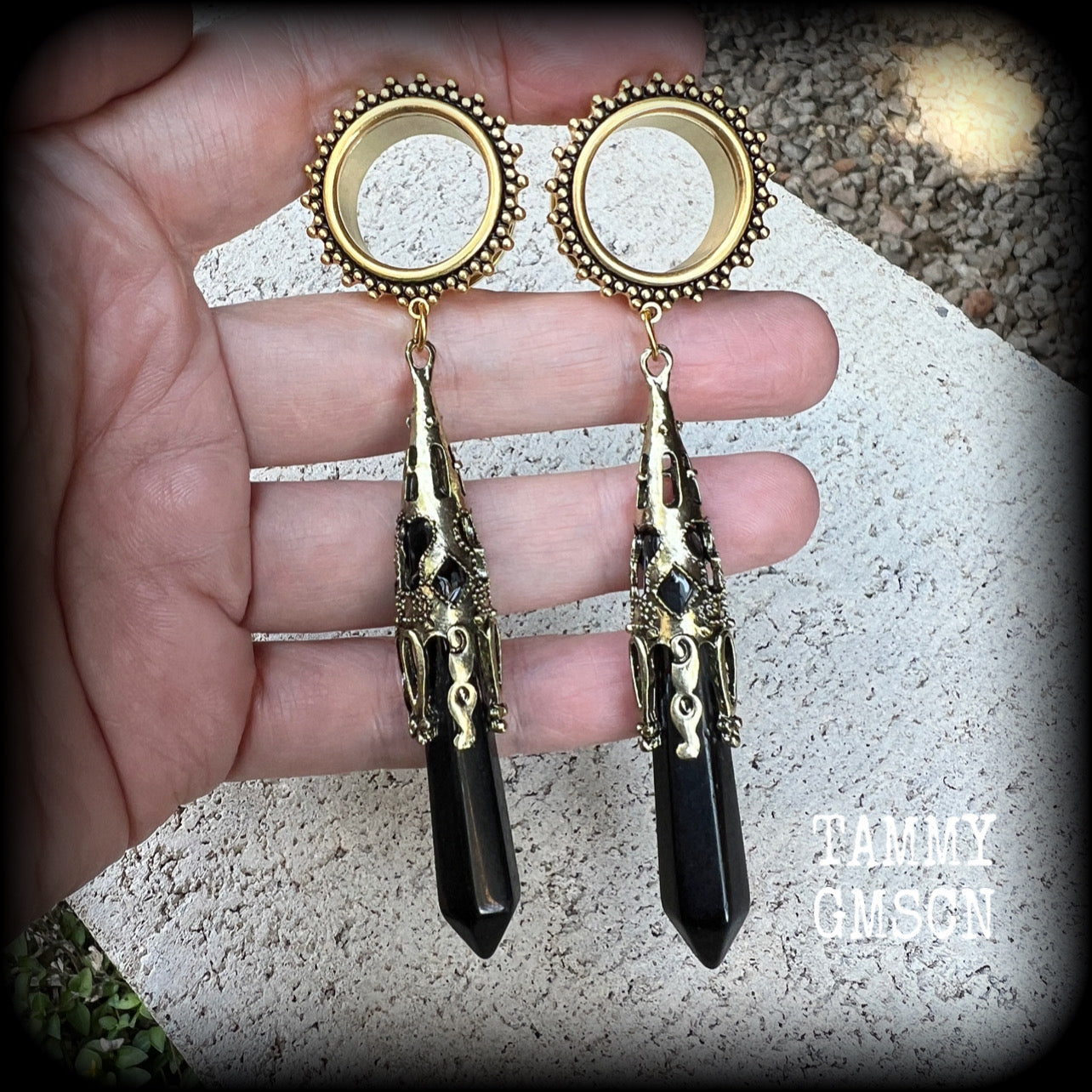 Black obsidian tunnel dangles-Ornate tunnels