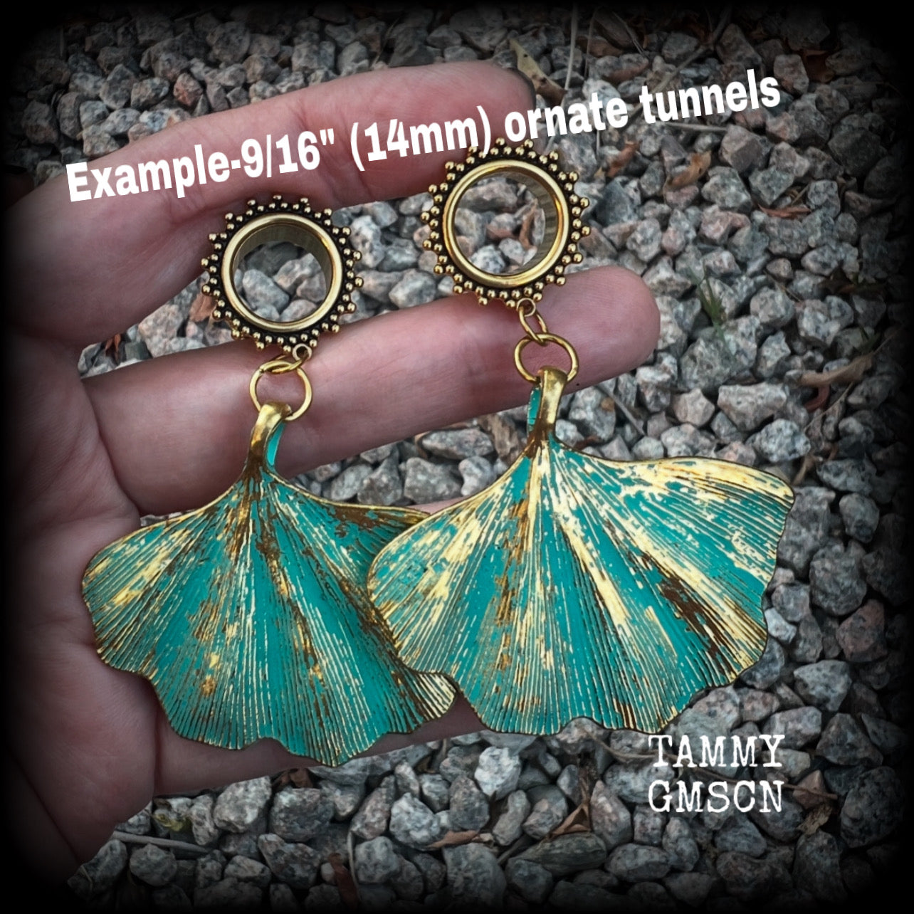 These beautiful boho tunnel earrings feature gorgeous patina ginkgo leaves, weighing approx 16 grams each and measuring  just under 7.5cms from tip to tip.

This pair has been made with 9/16” gauge (14mm) ornate surgical steel screw fit tunnels.