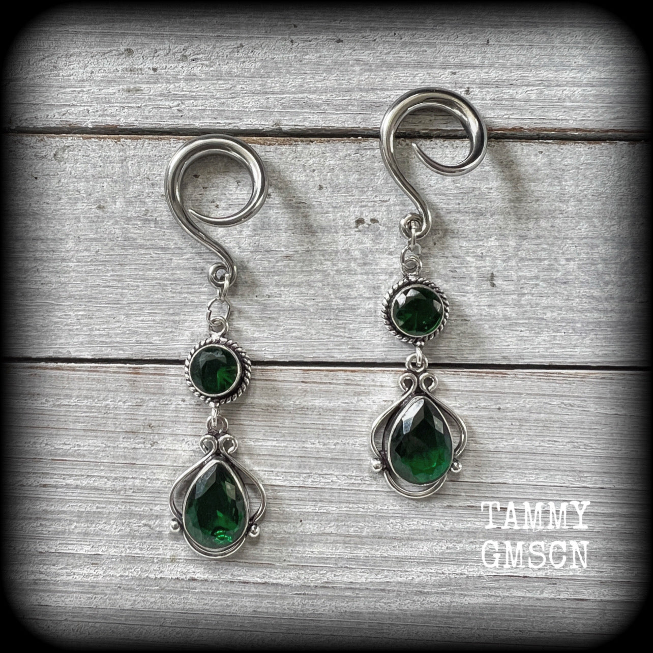 Emerald green gemstone gauged earrings-Boho earrings