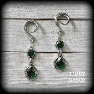 Emerald green gemstone gauged earrings-Boho earrings