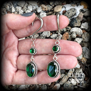 Emerald green gemstone gauged earrings-Boho earrings