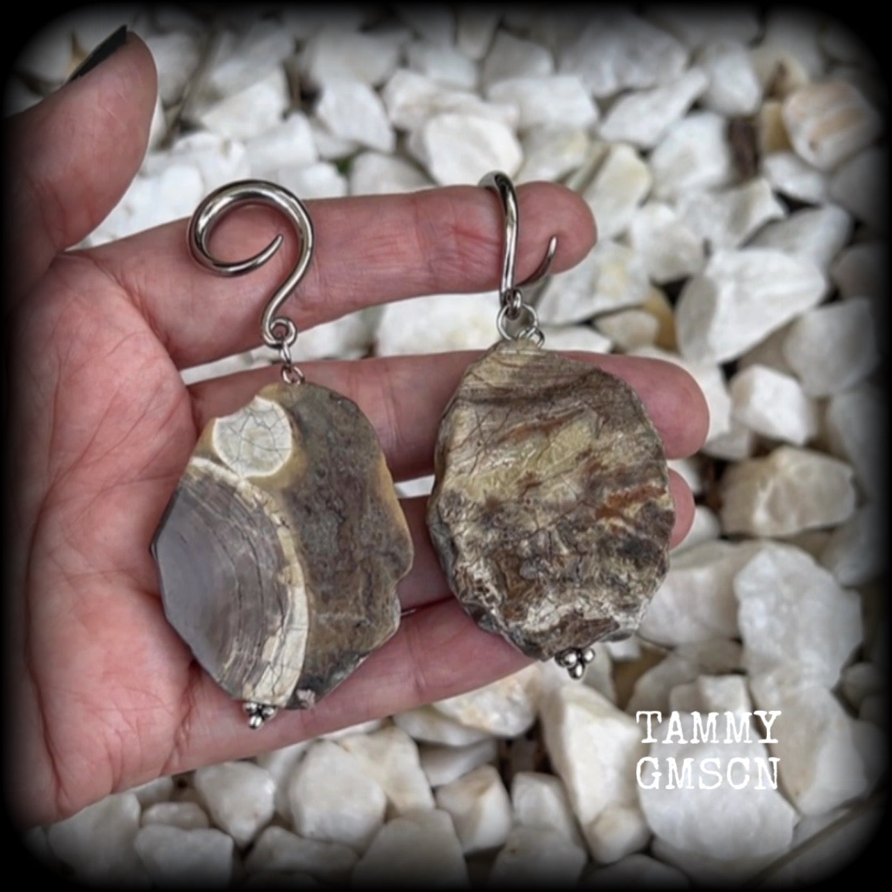 This pair of gorgeous gauged earrings features unique petrified wood slices, weighing in at approx 23 grams a piece, and are nice and dangly at just on 8cms from tip to tip.

This pair has been made on 6 gauge (4mm) surgical steel full curl hooks, to be worn in stretched lobes.
