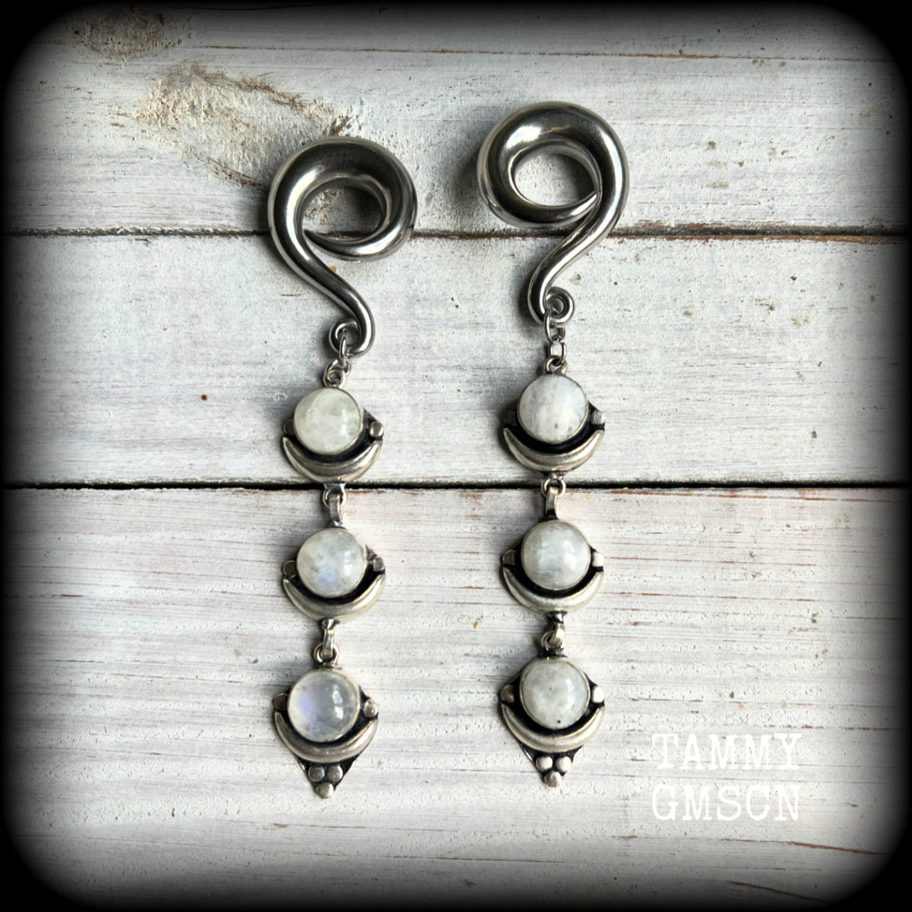 Rainbow moonstone gauged earrings-Gemstone ear gauges