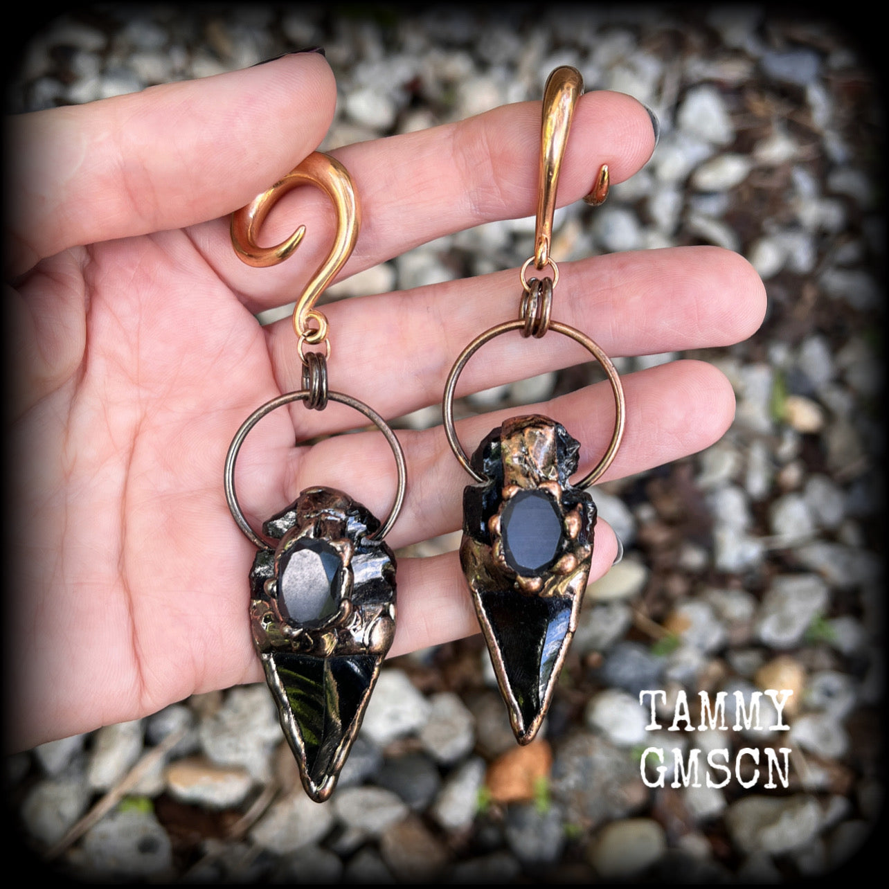 Black obsidian arrowhead gauged earrings-Gemstone ear weights