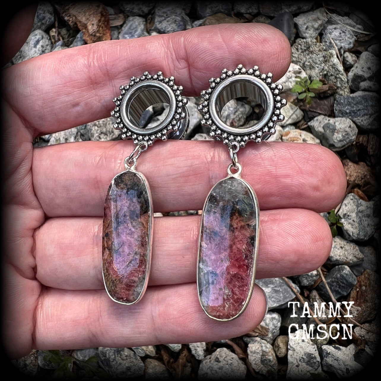 Gemstone tunnel earrings Rhodochrosite earrings 12mm tunnel dangles  Gauged earrings  Body jewelry 2g 0g 00g 1/2" 9/16" 5/8" 7/8" 3/4" 1" 1.10" 1.18" Earrings for stretched ears Gauged ears Stretched lobes