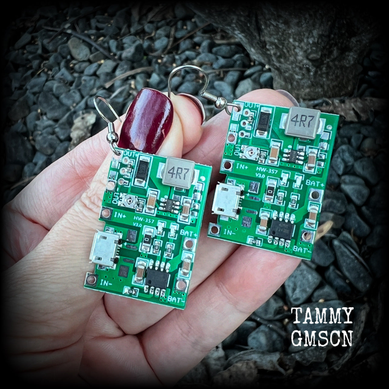 These awesome cyberpunk circuit board earrings measure just under 6 cms from tip to tip, and weigh only a few grams each, these are lovely and lightweight and not too dangly.

This pair has been made on stainless steel french hooks, to be worn in pierced ears.