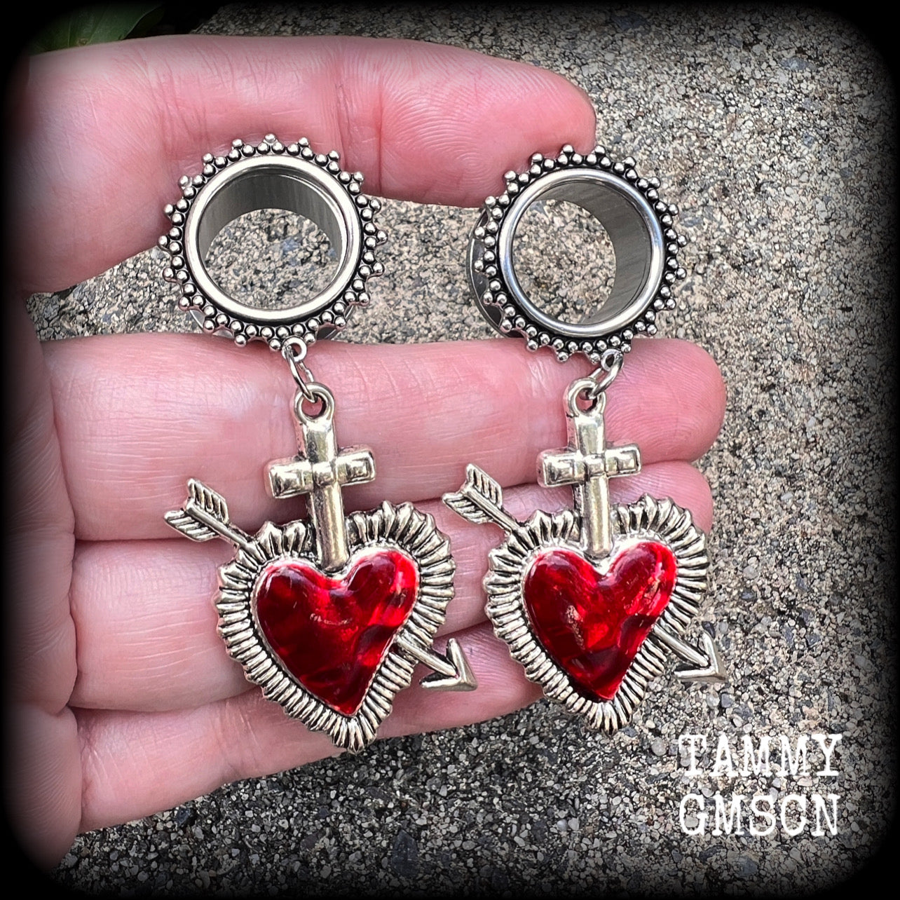 Sacred heart earrings Flaming heart earrings Milagros heart jewelry Corazon tunnels -2 gauge/6mm 
-0 gauge/8mm 
-00 gauge/10mm 
-1/2" gauge/12mm 
-9/16" gauge/14mm 
-5/8" gauge/16mm 
-3/4" gauge/19mm
-7/8" gauge/22mm
-1" gauge/25mm ear gauges