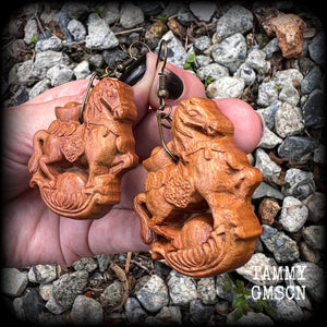 Carved wood horse earrings Chinese zodiac earrings Year of the horse Wood earrings Stretched lobes Body jewelry Pierced ears Gauges Ear hangers