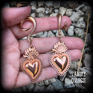 Sacred heart earrings Sacred heart ear weights Milagros heart ear hangers Folk art earrings Folk horror jewelry Ear jewellery Gauged earrings Flaming heart jewellery Santeria Voodoo Vodou Tattoo jewelry