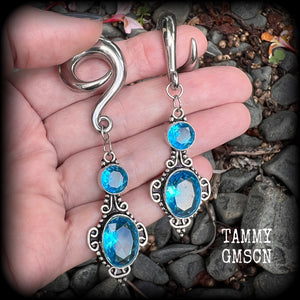 Gemstone ear weights Blue topaz ear hangers Gemstone ear weights Gauged earrings Ear jewelry Stretched lobes