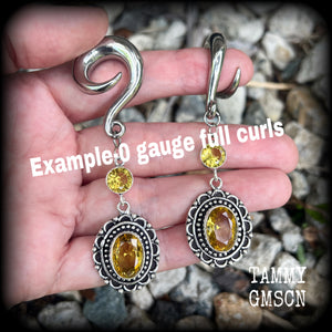 Yellow citrine gauged earrings-Gemstone ear weights