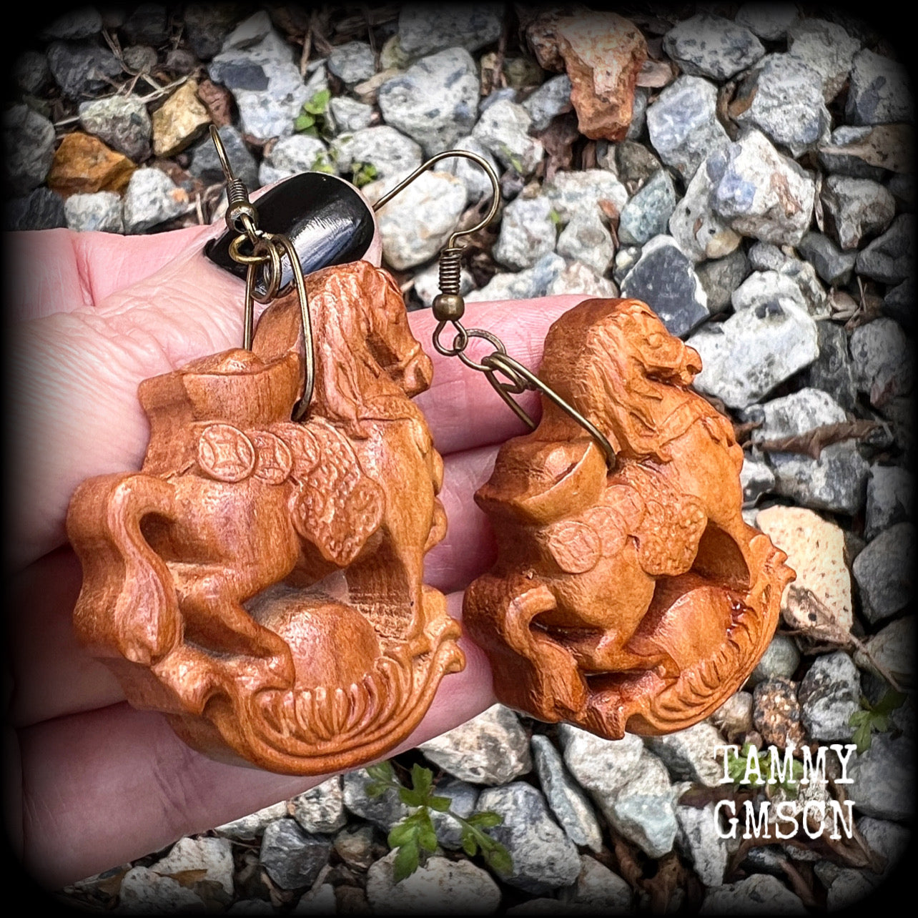 Carved wood horse earrings Chinese zodiac earrings Year of the horse Wood earrings Stretched lobes Body jewelry Pierced ears Gauges Ear hangers