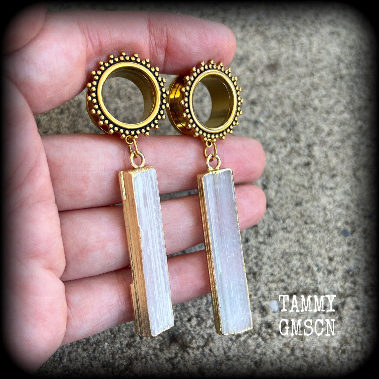 Ornate Selenite tunnels-Boho gemstone tunnel earrings