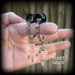 These gorgeous clear quartz earrings have been made with gemstone pendulums, are nice and dangly measuring in at just on 8cms from tip to tip and not too heavy at 8 grams a piece. 

🔥🔥🔥 This listing is for the chain/lobster clasp combination shown in the product photos, suitable for 0 gauge and larger. If you choose a smaller size of tunnel than 0 gauge we will make these on a smaller chain.