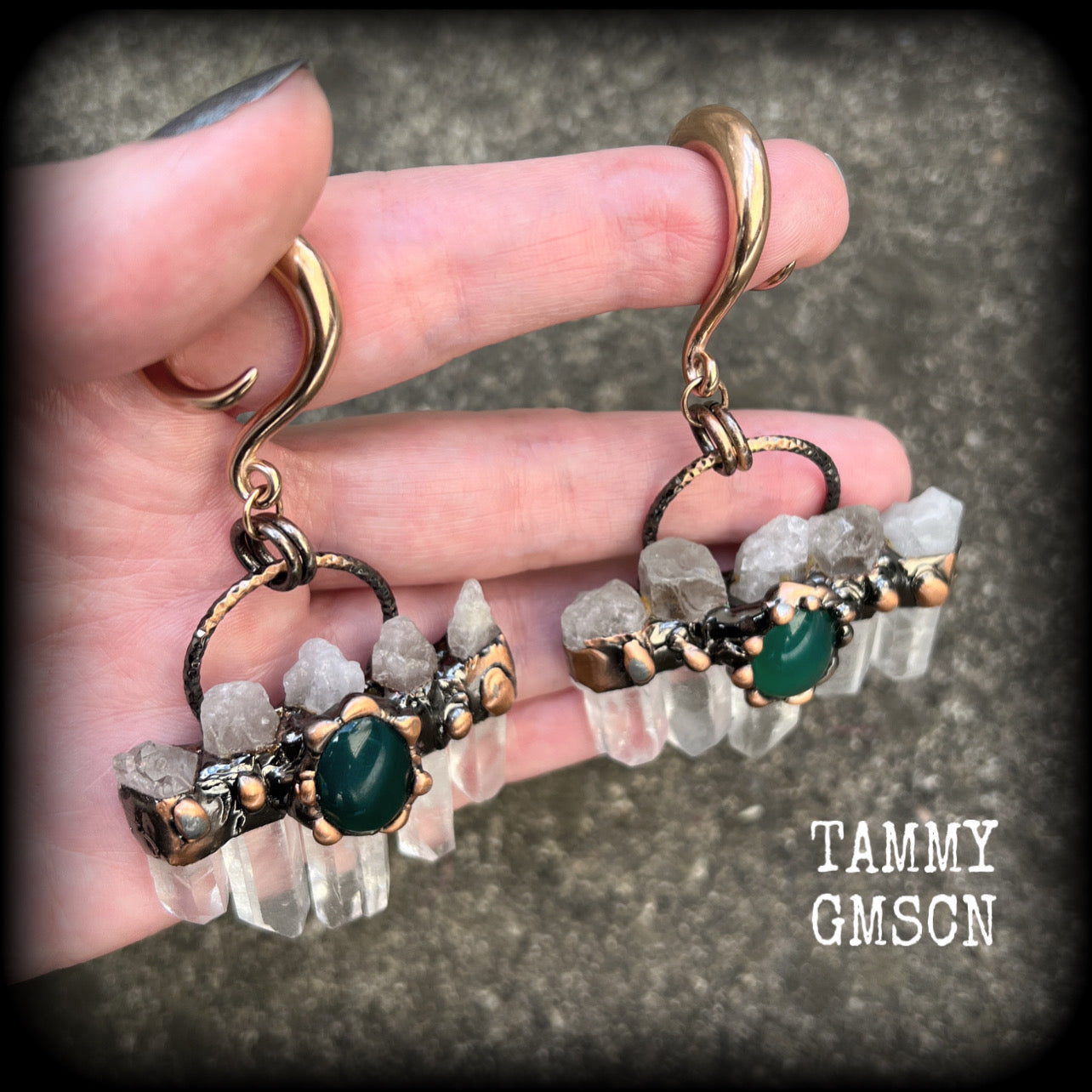 Clear quartz and green cabachon ear weights