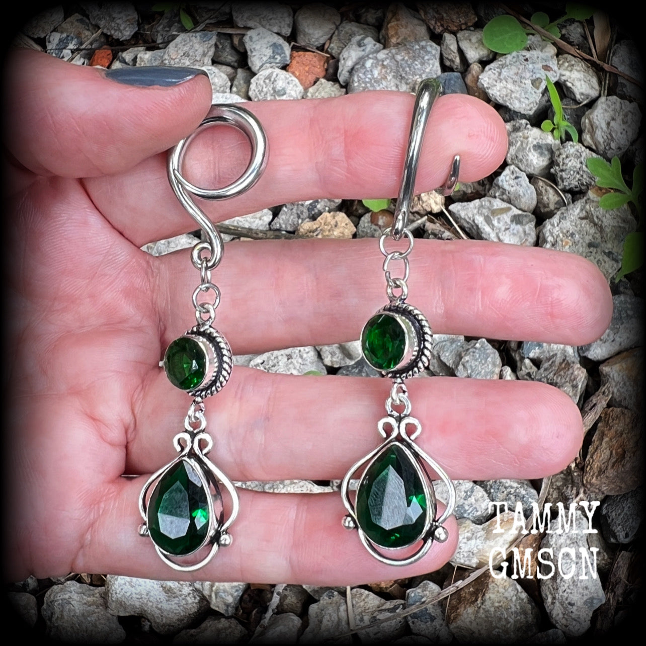 Emerald green gemstone gauged earrings-Boho earrings