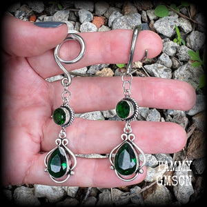 Emerald green gemstone gauged earrings-Boho earrings