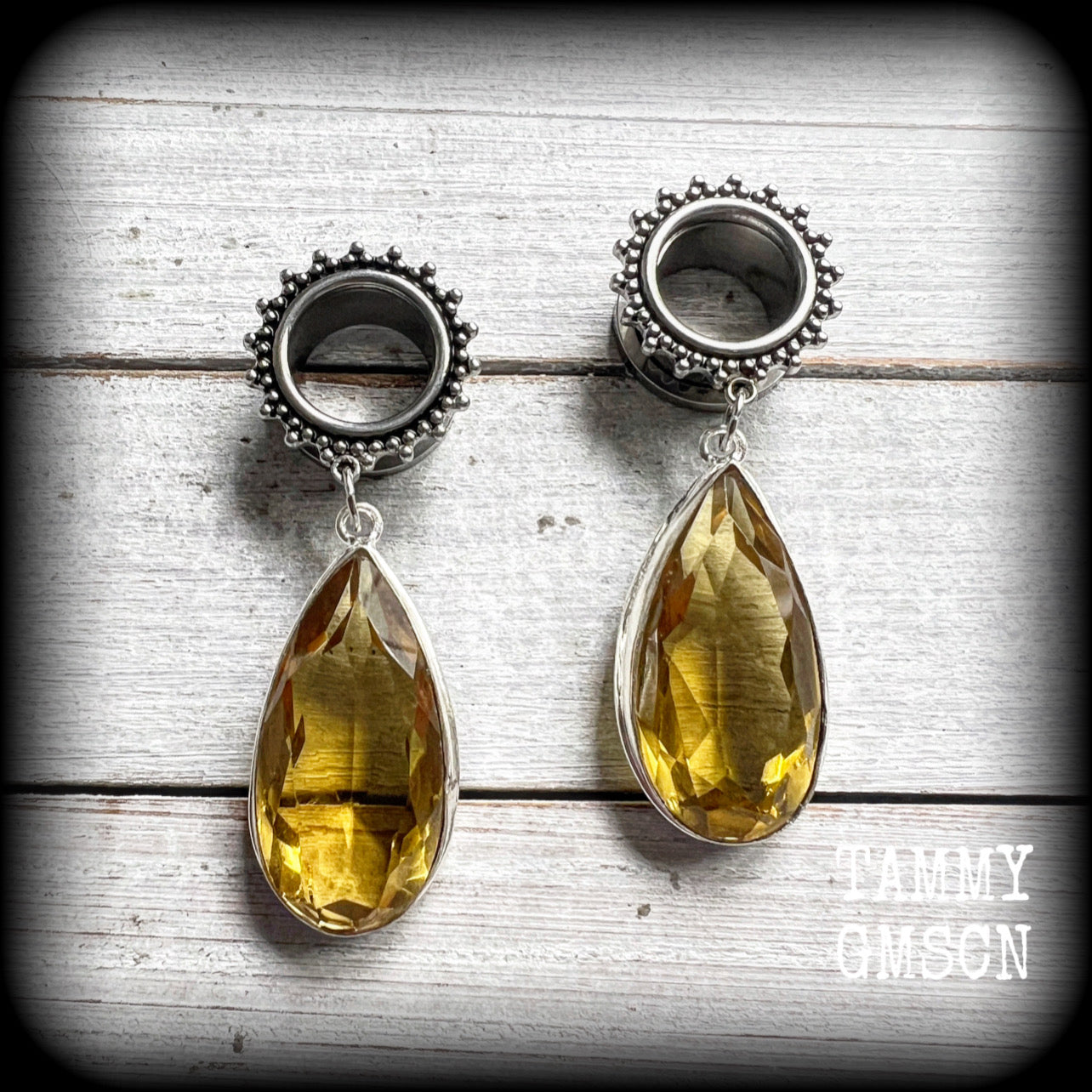 Ornate gemstone teardrop tunnels-Citrine earrings