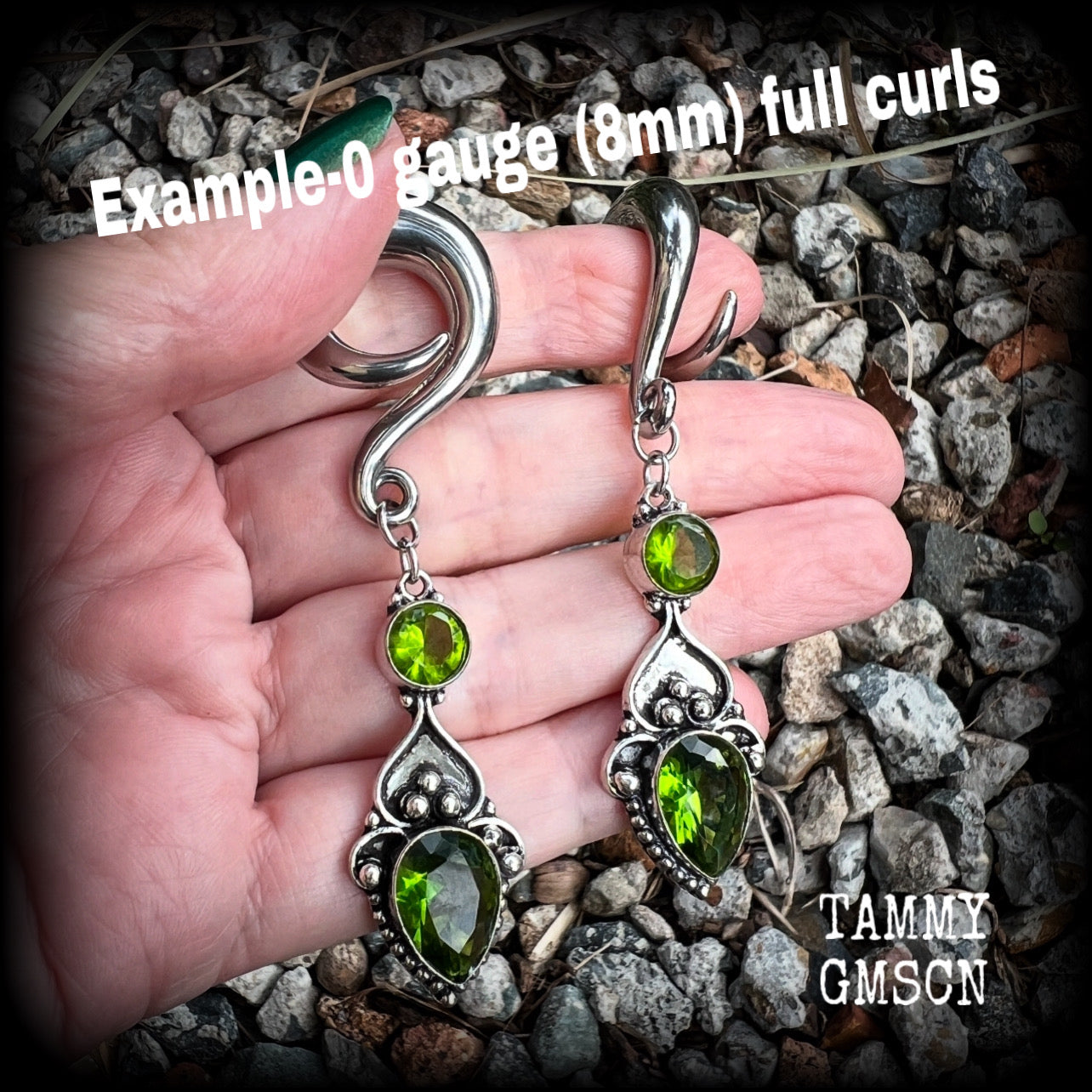 This pair of earrings features gorgeous green quartz and peridot gemstones in a boho antique silver setting, weighing approx 19 grams a piece and measuring just on 8.5cms from tip to tip.  This pair have been made on 0 gauge (8mm) surgical steel full curl hooks, to be worn in stretched lobes.