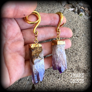 Raw Amethyst gauged earrings