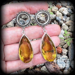 Ornate gemstone teardrop tunnels-Citrine earrings