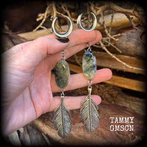 Moss jasper 19mm ear hangers Feather earrings Gauged earrings Body jewelry Goddess jewelry Gypsy boho 6g 2g 0g 00g 1/2” 9/16” 5/8” 7/8" 3/4" 1” 1.10” 1.18”  Gemstone ear hangers Earth mother Pagan Witchy ear gauges Stretched ears Ear weights Tunnels