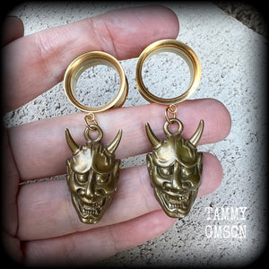 Brass hannya tunnel earrings-Japanese earrings