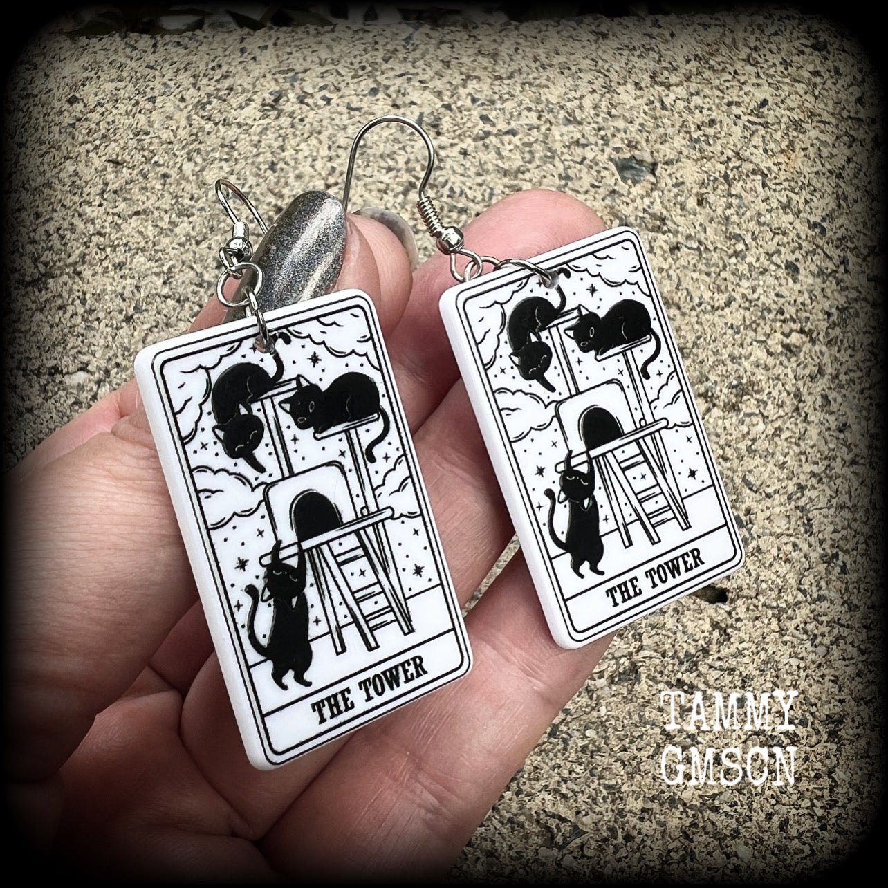 The Cat Tower tarot card earrings