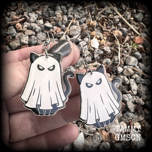 Ghost cat earrings Supernatural kitty earrings Crazy cat lady earrings cat jewellery Halloween earrings Gauged earrings Pierced ears Ear gauges Los Muertos earrings Day of the Dead earrings Samhain earrings Samhain jewelry Witches cat Spectre