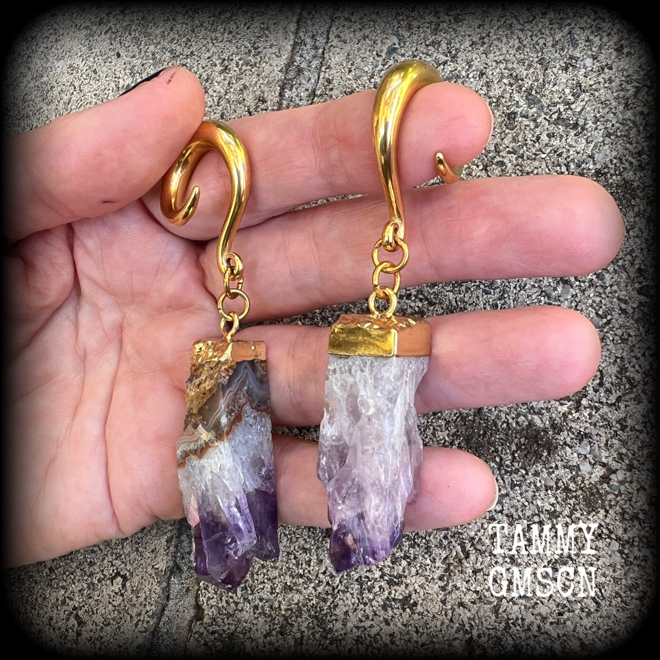 Raw Amethyst gauged earrings