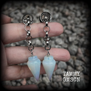 These gorgeous opalite earrings have been made with transluscent gemstone pendulums, are nice and dangly measuring in at just on 7.5cms from tip to tip and not too heavy at 11 grams a piece.

🔥🔥🔥 This listing is for a chunky chain/lobster clasp combination suitable for 00 gauge and larger. If you choose a smaller size of tunnel than 00 gauge we will make these on a smaller chain.

💥This listing includes one pair of surgical steel single flared O-ring earlets