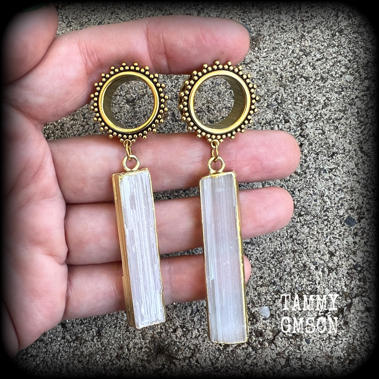 Ornate Selenite tunnels-Boho gemstone tunnel earrings