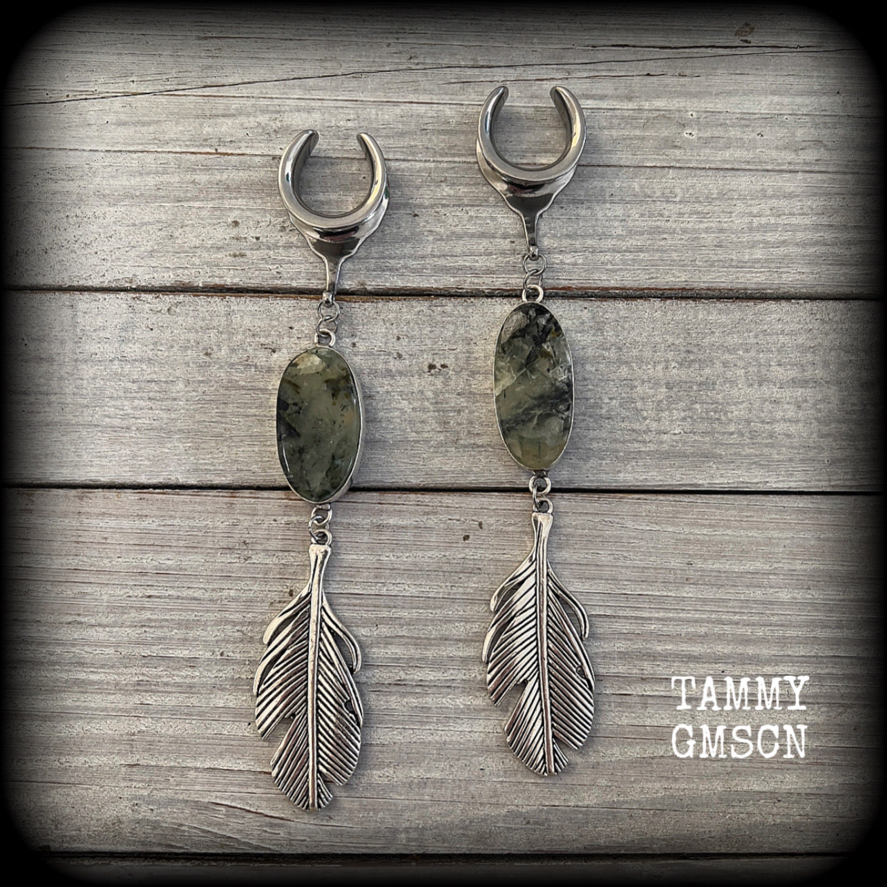 Moss jasper 19mm ear hangers Feather earrings Gauged earrings Body jewelry Goddess jewelry Gypsy boho 6g 2g 0g 00g 1/2” 9/16” 5/8” 7/8" 3/4" 1” 1.10” 1.18”  Gemstone ear hangers Earth mother Pagan Witchy ear gauges Stretched ears Ear weights Tunnels